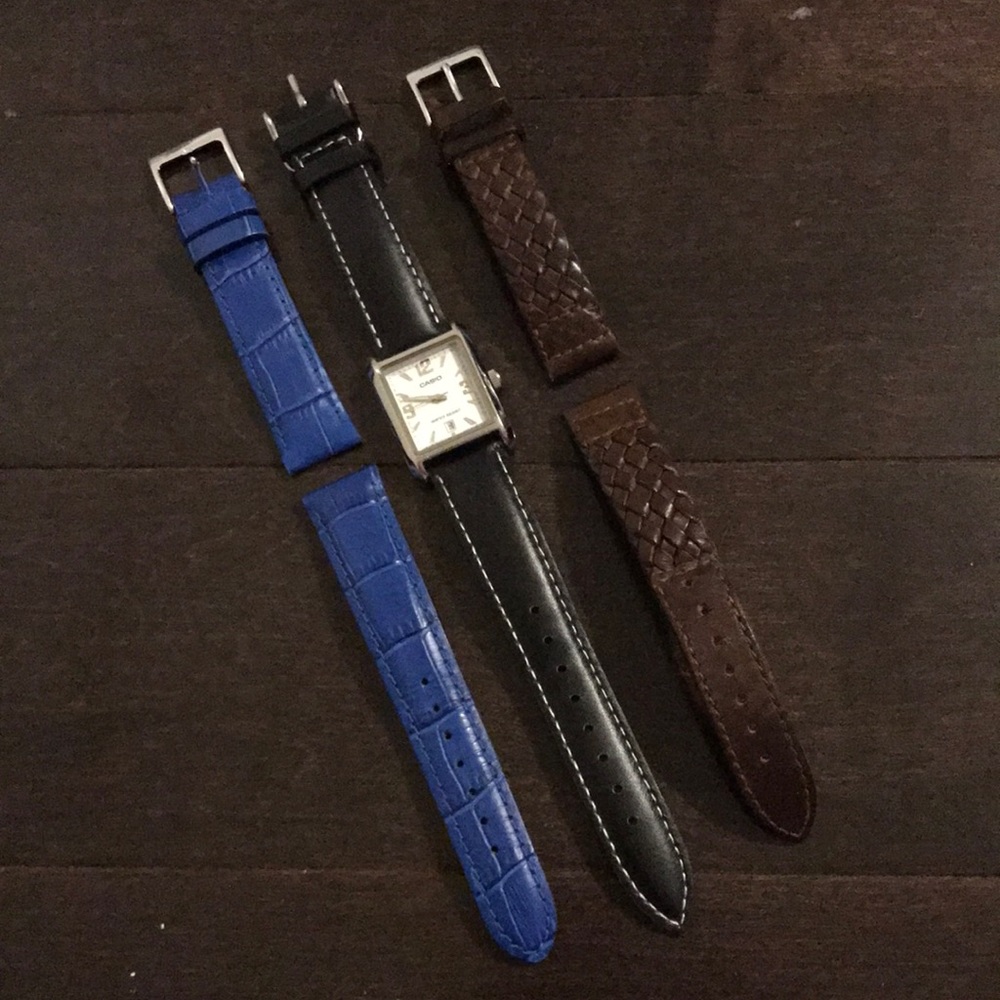 casio watch with three leather straps